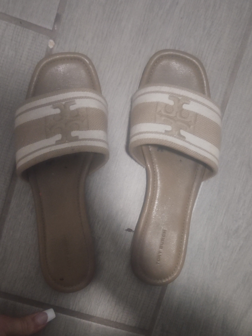 Tory Burch Tan and White Logo Slide Sandals